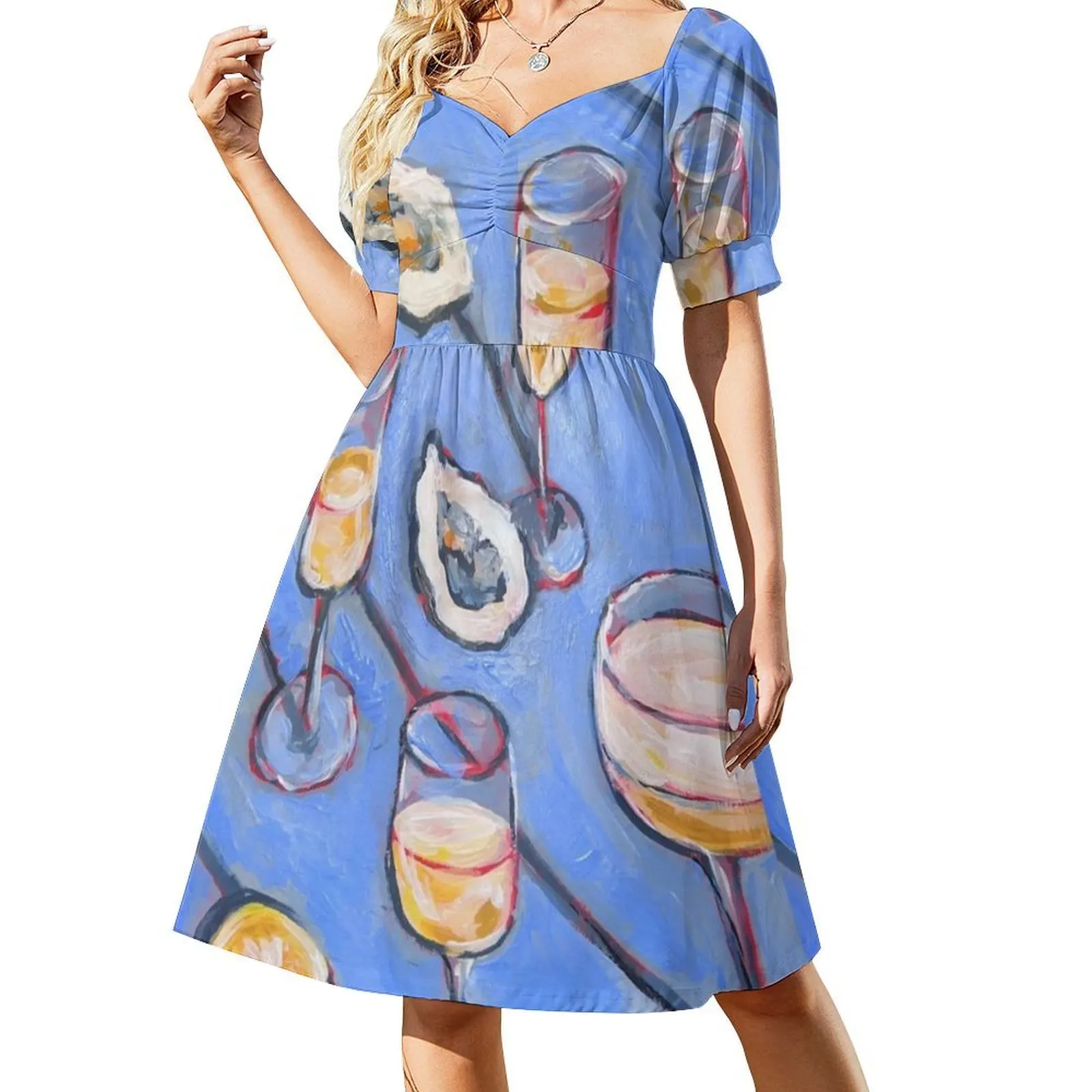 عمل فني المحار النبيذ اللوحة البوهيمي فستان بلا أكمام متعدد طباعة شاطئ عطلة فستان الحفلات المحار الفن النبيذ اللوحة المأكولات البحرية