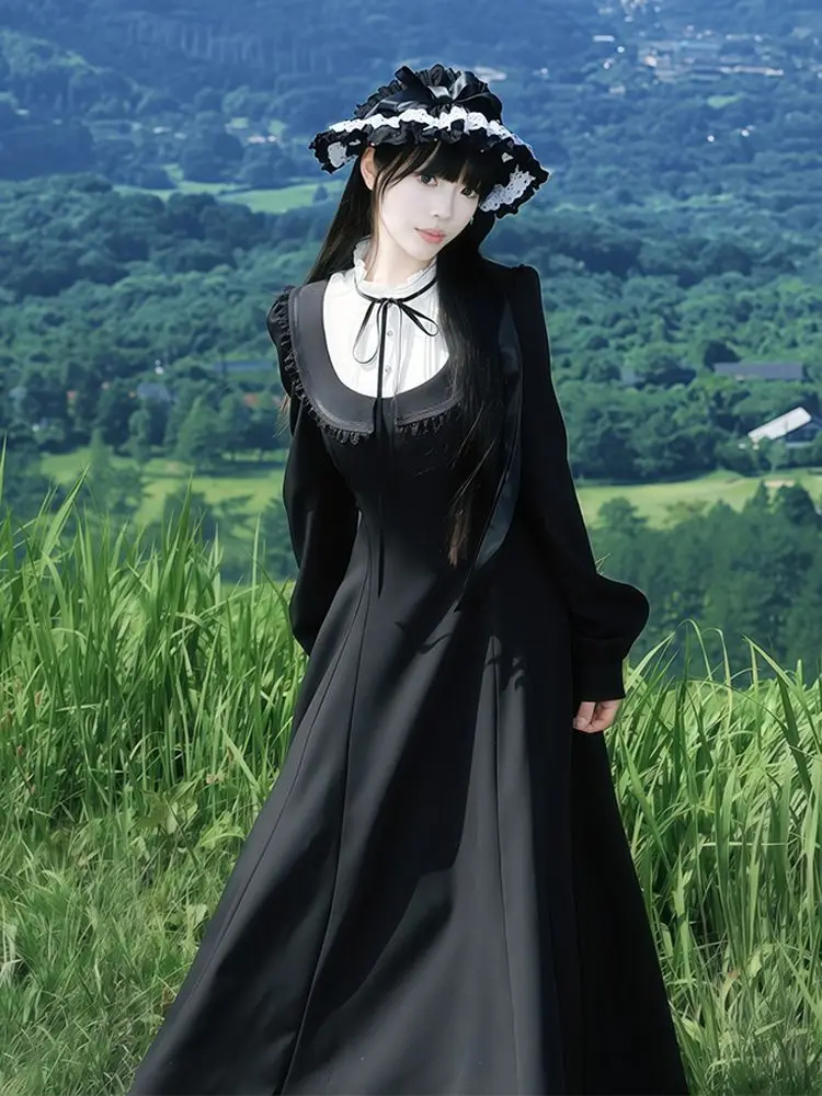 

Японский готический темный дизайн, французское платье середины века в стиле ретро, осенне-зимнее темпераментное кружевное платье с застежкой на талии