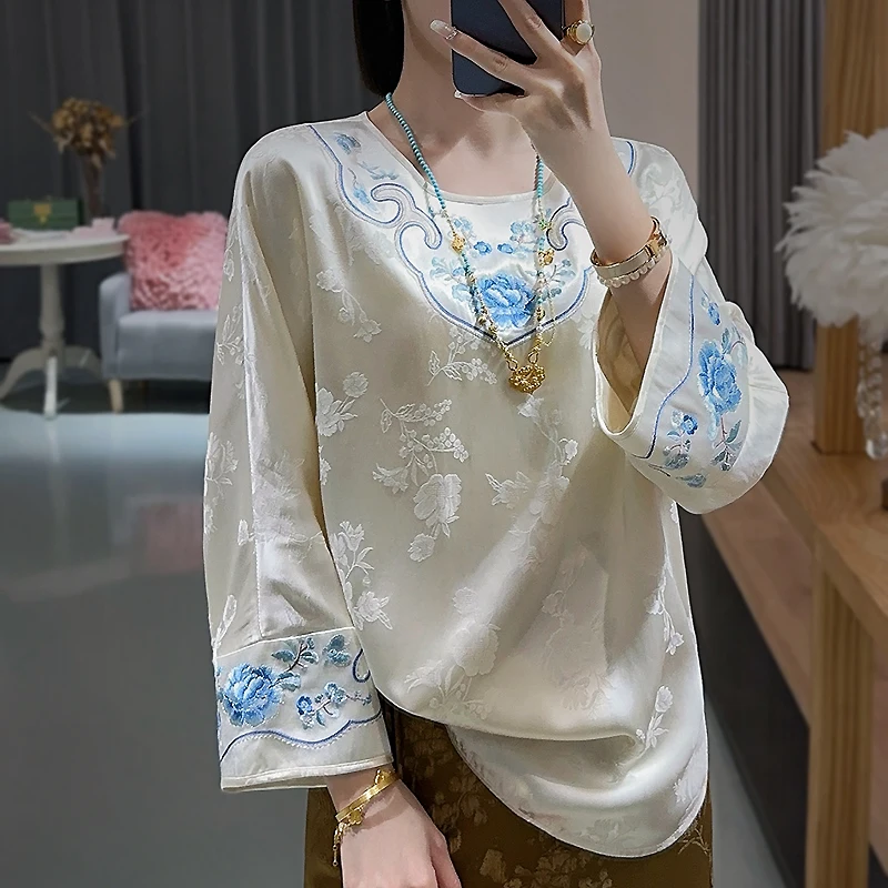 High Quality Chinese Style Top Women's Spring Silk+Rayon Jacquard Retro Ruyi Collar Embroidery Elegant Fashionable Shirt S-XXL