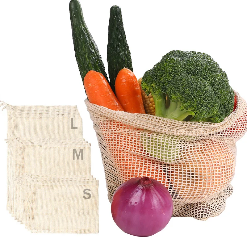 Bolsas de malla de algodón para verduras, frutas y verduras para almacenamiento de bolsa reutilizable, con cordón