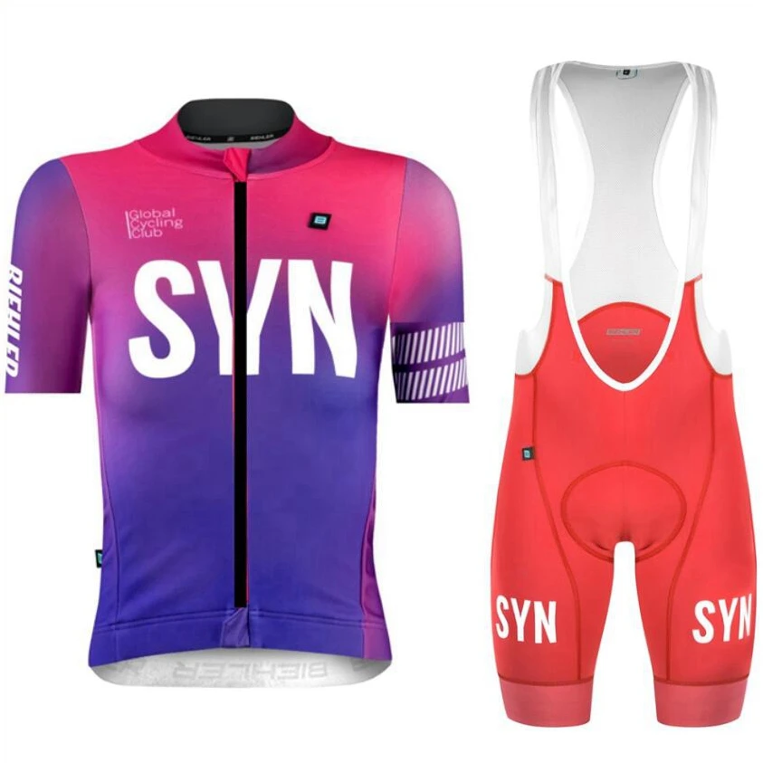 

SYN-Colorful Short Sleeve Men Cycling Apparel Close-fitting Road Cycling Race Jersey and Reflective Logo Bib Shorts Anti-UV Set