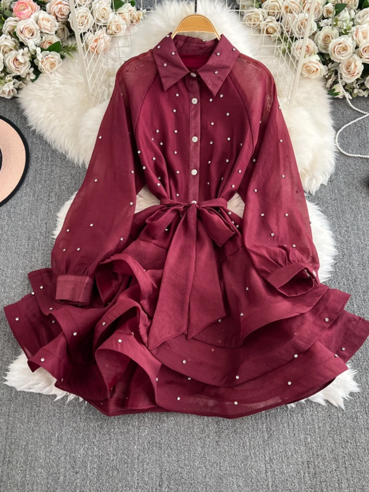 Faionable Diamond Embellished Puffy Sve Midi Dr Gonna da donna a vita alta dimagrante ecian Sle Gonna coreana Sle lunga Sve