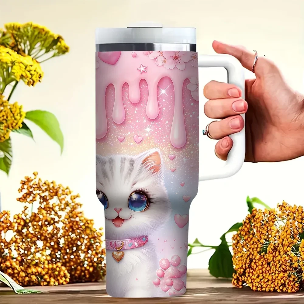 40oz Tumbler with Handle, Features Cute Cats And Puppy Print with Life Better with Cats Text, Great for Pet Lovers, Fits Hot And Cold Drinks, Ideal for Daily Use And Outdoor Activities