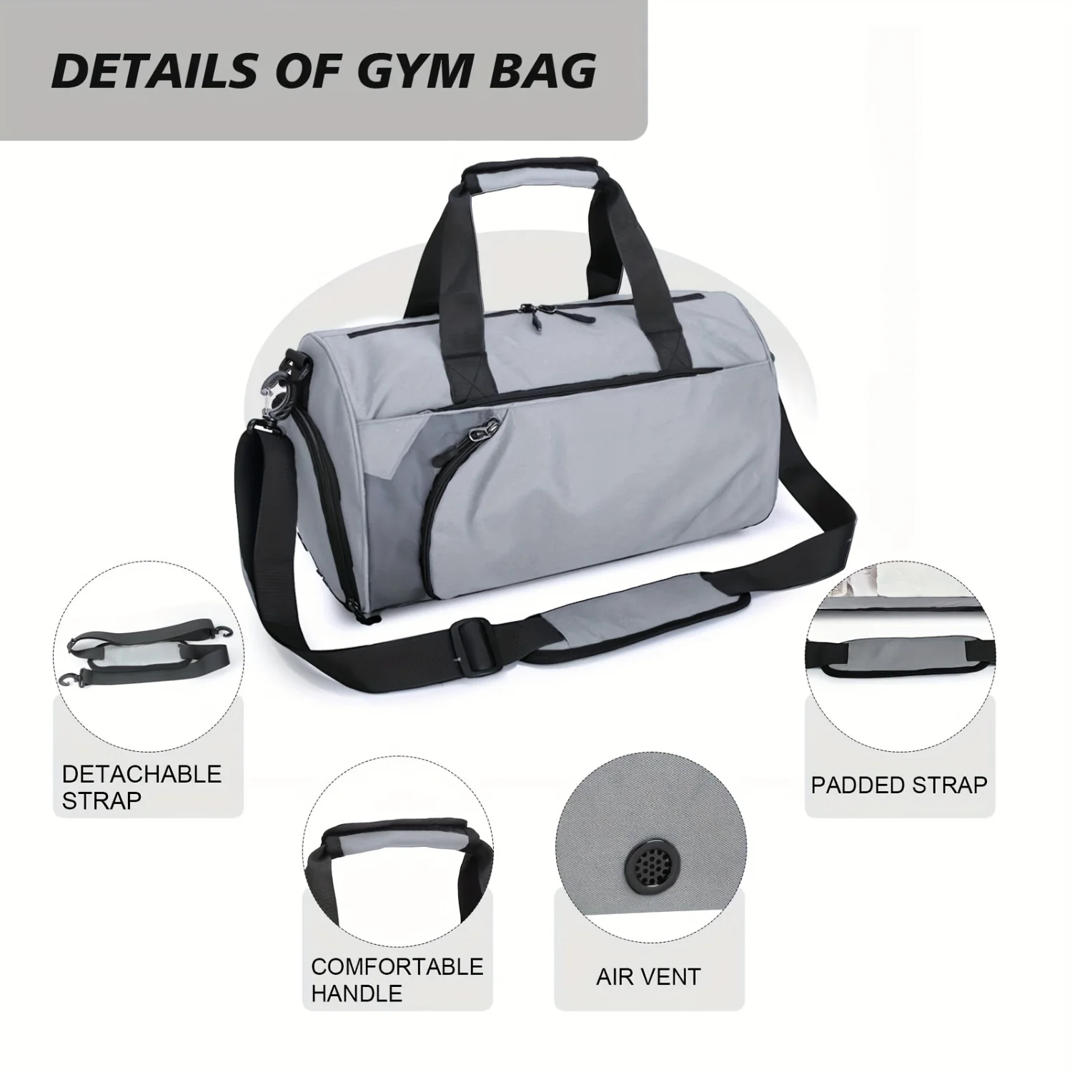 40L Gym Duffel Bag with Wet Pocket & Shoe Compartment - Unisex Weekender Carry On - Lightweight Grey Sports Bag