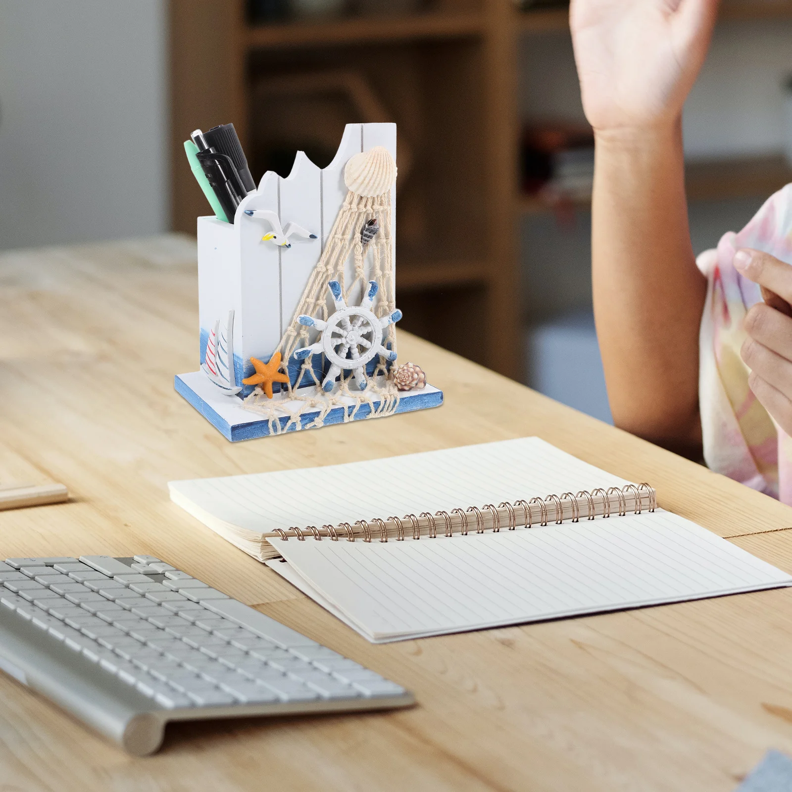 

Wooden Pen Holder Nautical Desk Decor Beach Themed Pencil Organizer Coastal Office Supplies Rudder Design Stationery