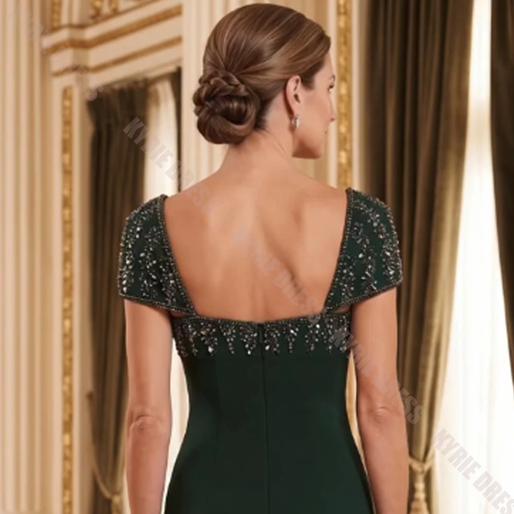 Customized Mother of The Bride Dress Square Neck Beading Crystal Cap Sleeves Tea Length for Women Wedding Guest Gown Party Dress
