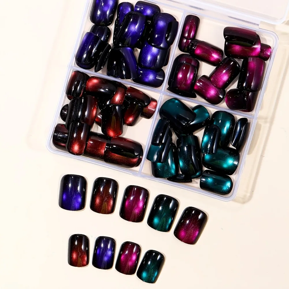 96pcs Short Square Glossy Cat Eye Press on Nails Set | Blue Purple Pink & Teal Full Cover Fake Nails for Christmas