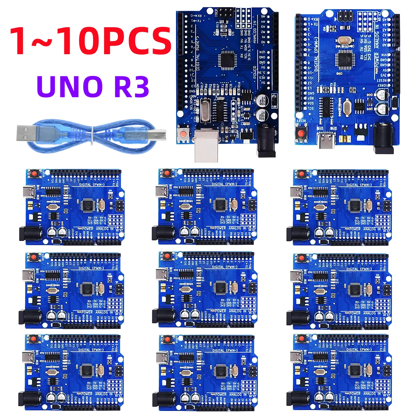 1-10PCS UNO R3 CH340G MEGA328P Chip UNO R3 + USB/TYPE-C/MICRO Cable ATMEGA328P-AU Development Board 16Mhz