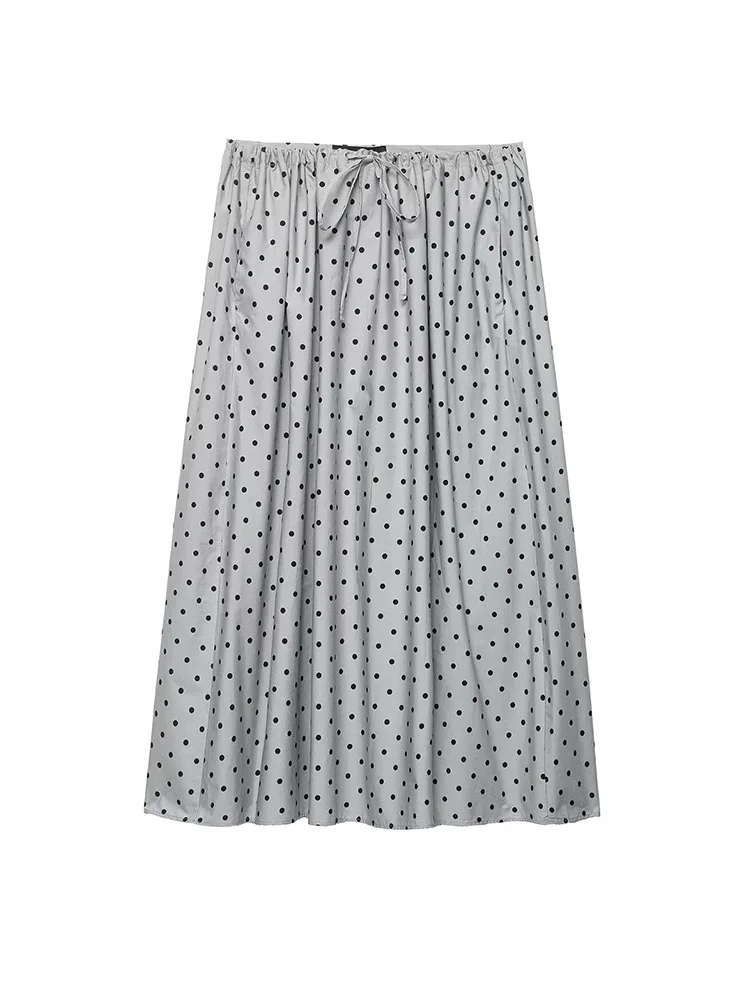 HH Women Spring Fashion Pocket Pleated Decoration Elastic Waist Drawstring Skirt Women Temperament Polka Dots Mid-Waist Skirt