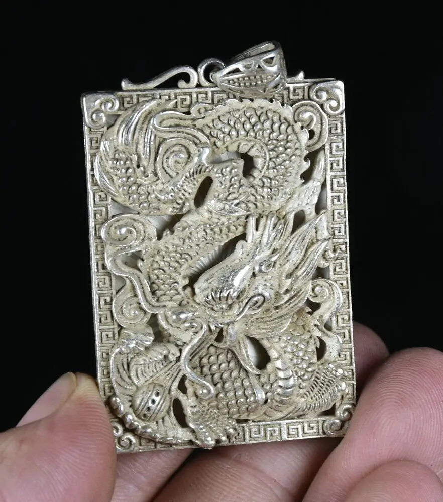 5.5CM Rare Old Chinese Miao Silver Feng Shui Dragon Loong Lucky Necklace Pendant