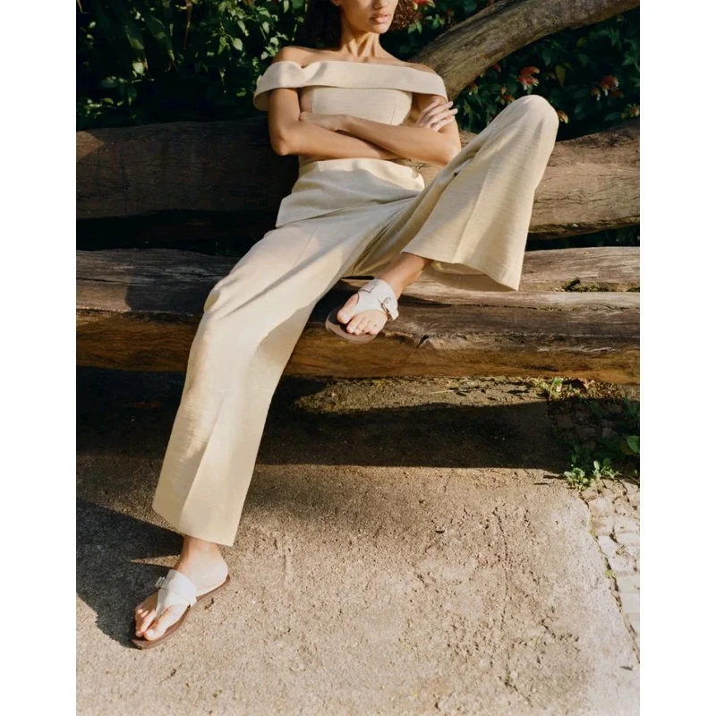 Lente nieuwe veelzijdige rechte kraag zijsplit oulder ontbloot top hoge taille wijde pijpen broek faionable damesset