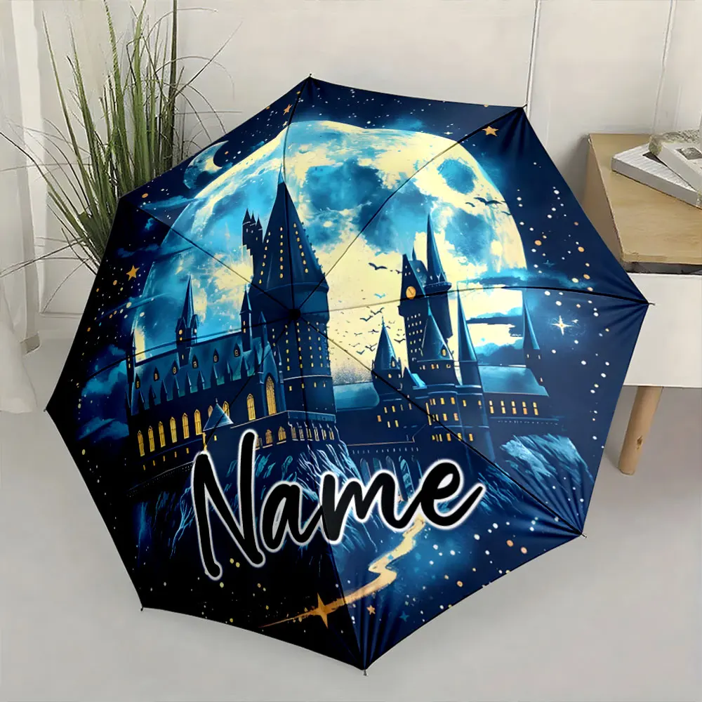 Custom Name Magical Night Castle Umbrella Design 8 Iron Ribs Folding Umbrella Auto-Open Fashionable Sunshade Deluxe Gift
