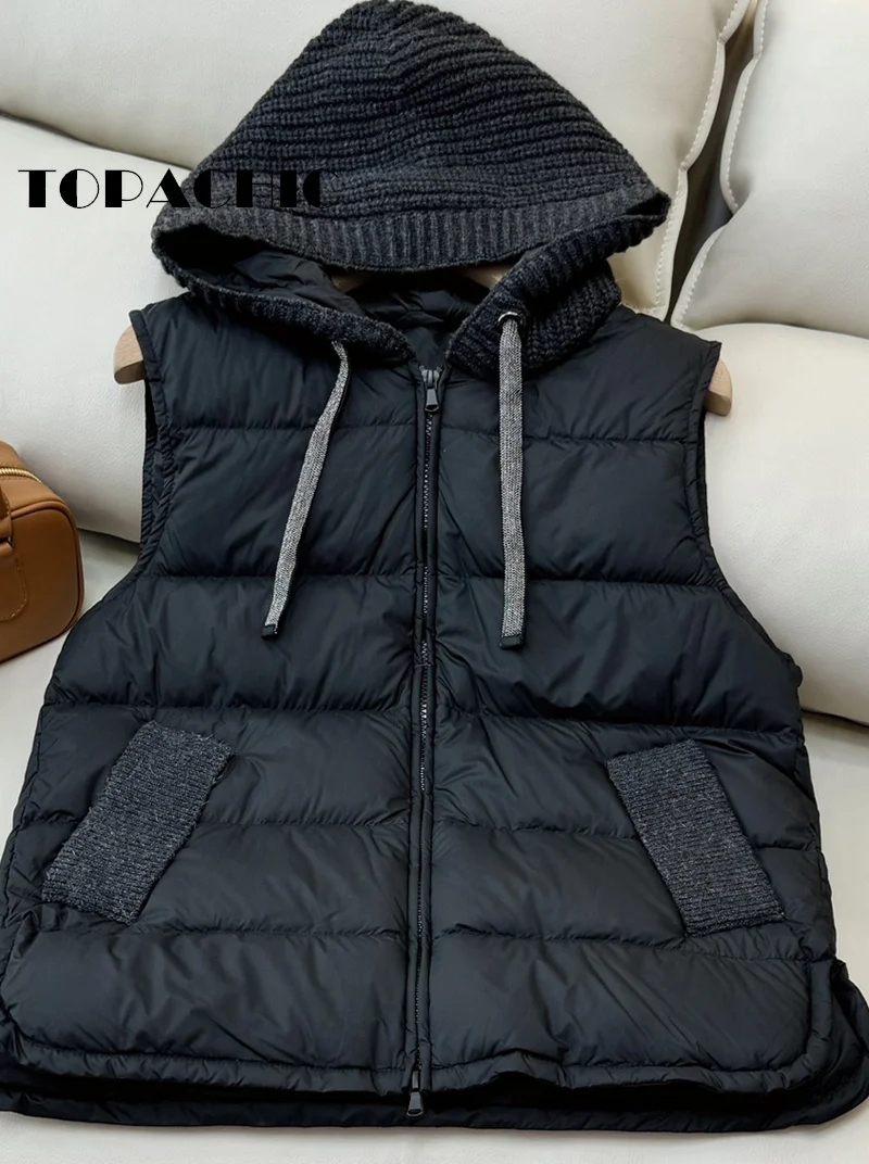 9.5 TOPACHIC-Women Clothes Fashion Beadig Chain Lace-up Zipper Vest Outerwear Goose Down Spliced Knit Hooded Pocket Short Vest