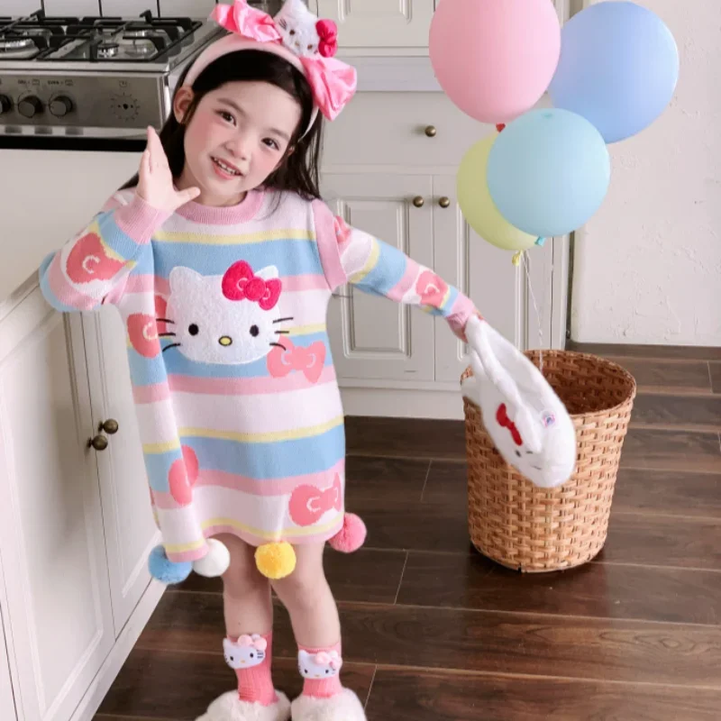 Sanrio autumn and winter Hello Kitty cute children's knitted dress cartoon rainbow striped crew neck long sleeve sweater skirt