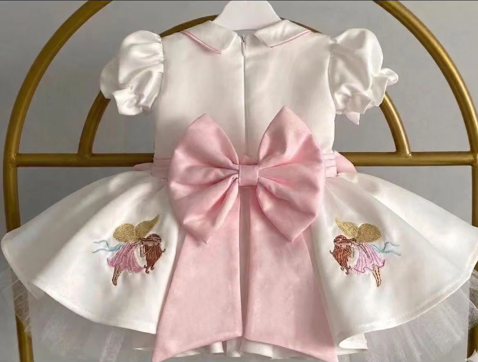 Summer Girl Sweet Elf Girl Butterfly Embroidery Pink Bow White Puffy Dress for Casual Party Birthday Wedding Photography