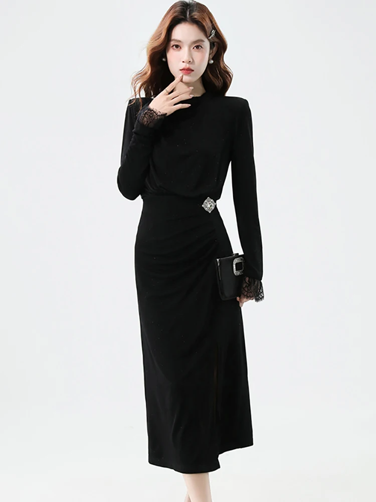 2025 negro de manga larga Chic diamantes plisado ceñido vestido largo mujeres Vintage Hepburn ropa de graduación Otoño Invierno Vestidos elegantes