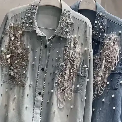 New In 2024 Autumn Trend Crystal tassel Stitch Denim Shirts and Blouses Women's Loose Casual Denim Top  Jacket Woman Clothes