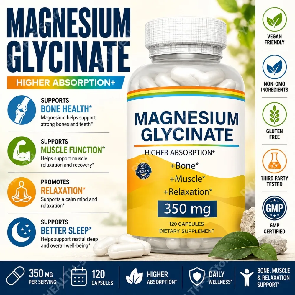 Magnesium Glycinate Capsules 350mg, 120 Count Vegan Friendly Chelated Mineral Supplement Daily Support for Adults