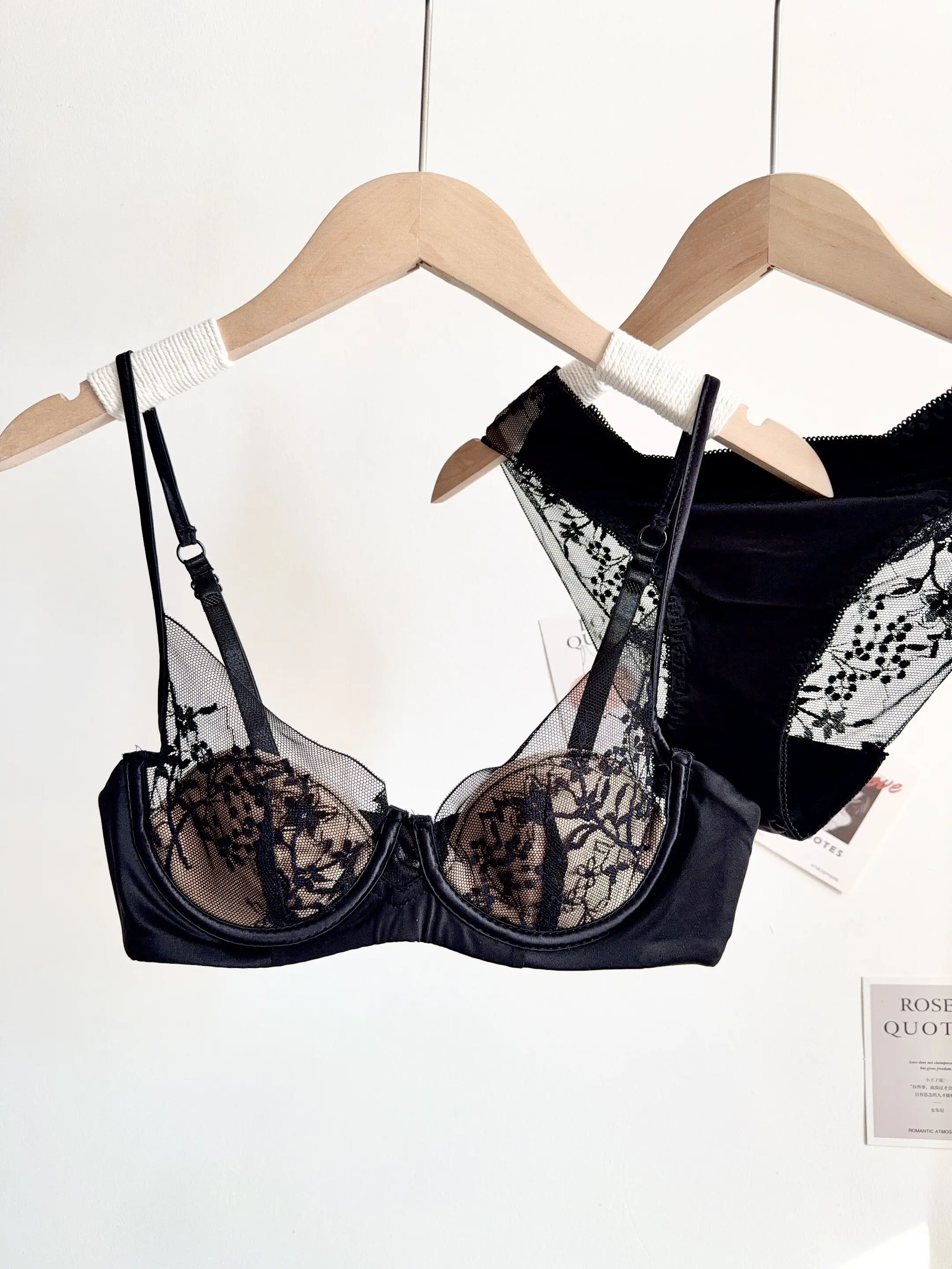 Conjunto de Lencería de Encaje Cómodo para Mujer, Sujetador con Aros Suaves, Copa Delgada, Push-Up, Transpirable, Ropa Interior para Mujeres con Busto Pequeño