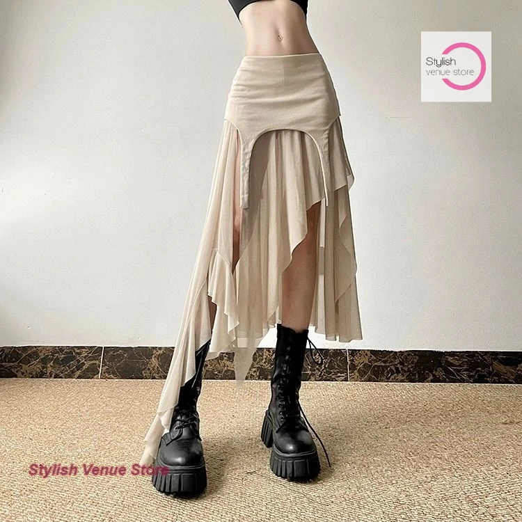 

French retro ruffled high waist niche irregular skirt female summer new fashion design sense spice girls casual Joker dress.