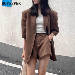 BGTEEVER Fashion Summer Ladies 2 Pieces Shorts Set Half Sleeve Single-breasted Blazer & High Waist Wide Leg Shorts Women Outfits