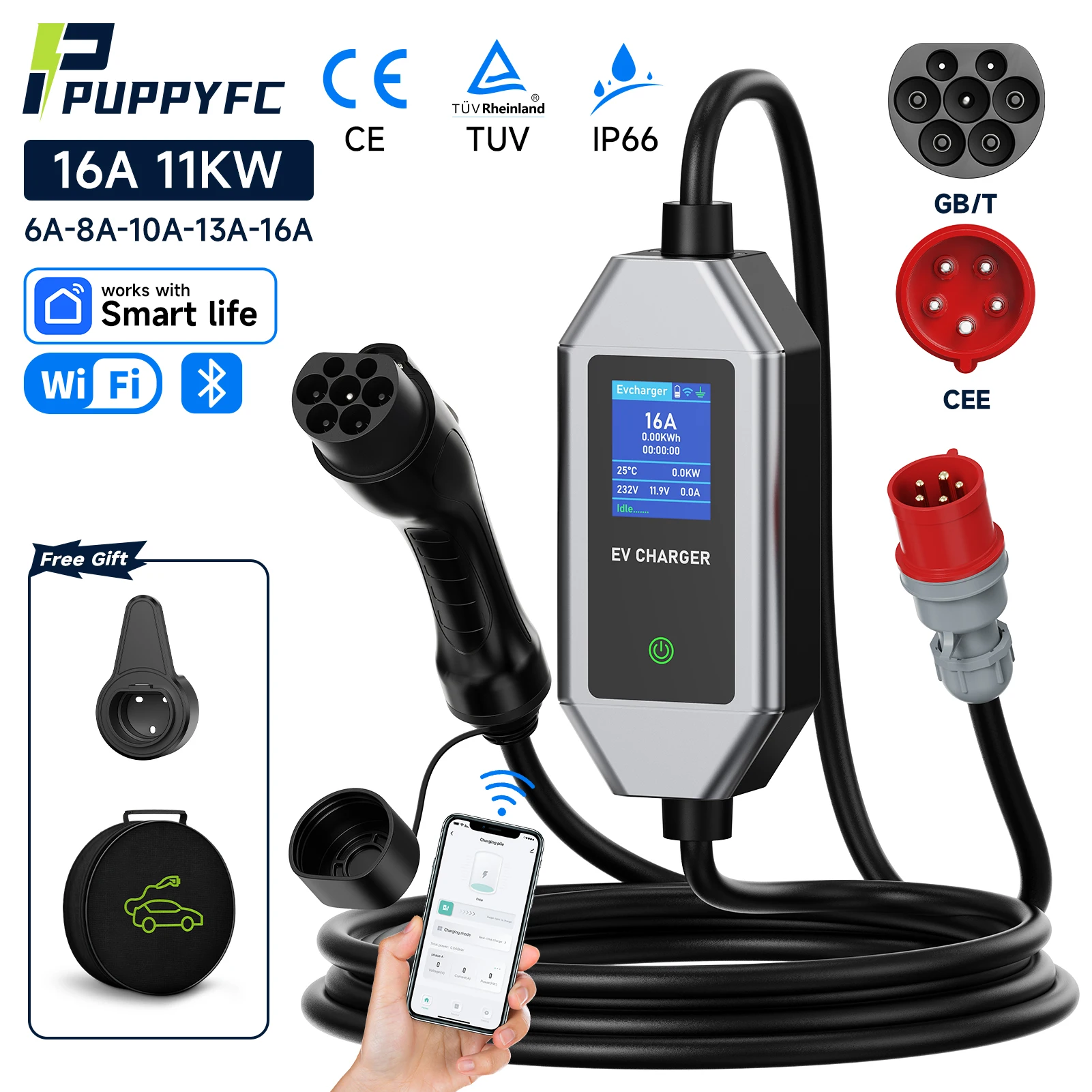 

Puppyfc Fast 11KW Portable EV Charger GBT/Type2 16A 5M Cable for Electric PHEV Car Home Travel Charging Station with CEE Plug