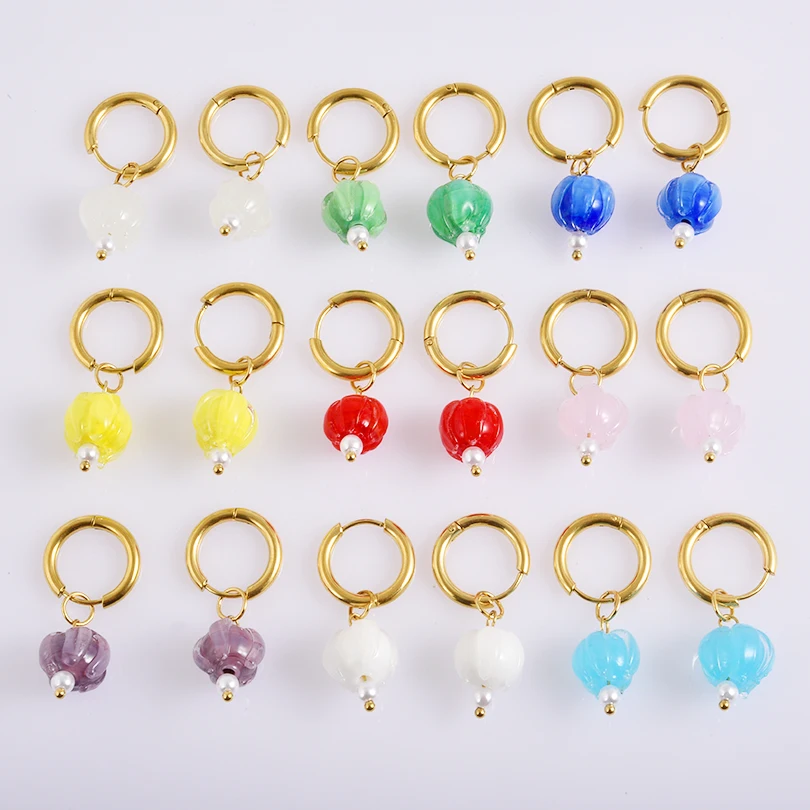 NEW 1pair Flower Lampwork Stainless Steel Hoop Earrings Pendant Circular Ear Rings Open Earring For Women Jewelry Accessories
