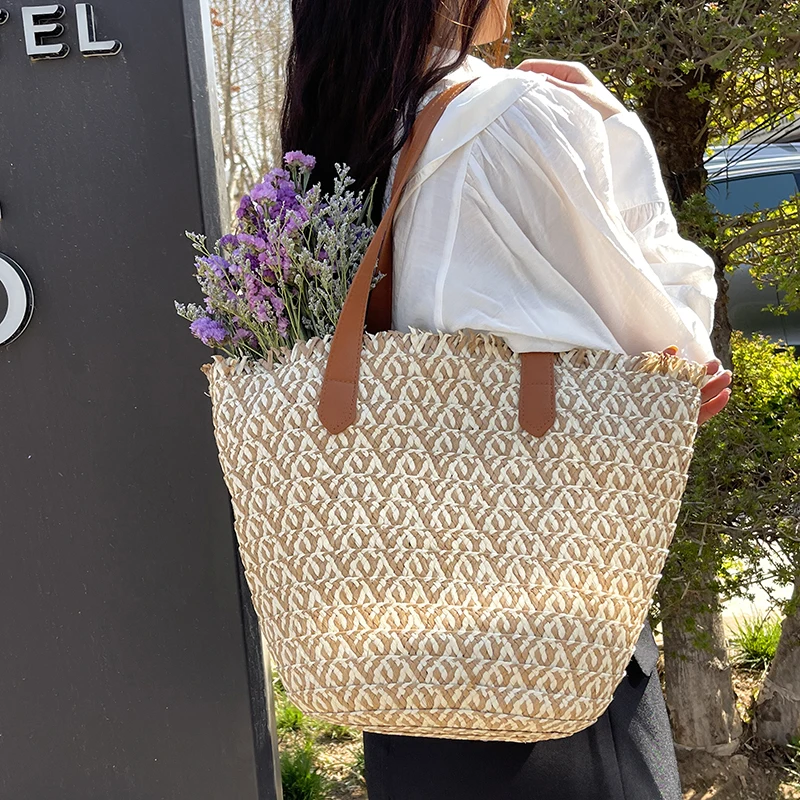 

Eco-friendly material woven straw bag woven tote bag Women's shopping bag Mom bag large capacity 2024 summer new holiday trip
