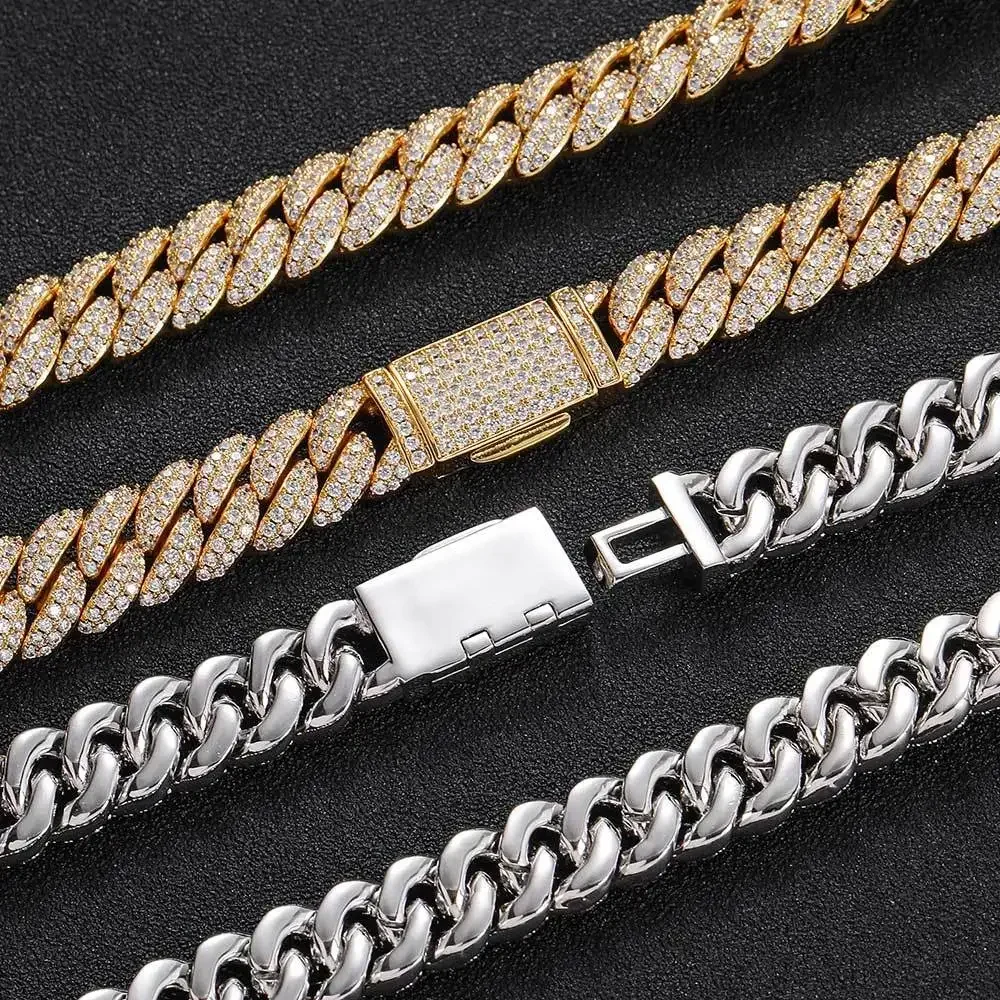 10mm Lab Moissanite Diamond Cuban Chain Men's S925 Silver Plated Necklace Zircon Bracelet H ip Hop Rock Neck Collar Jewelry