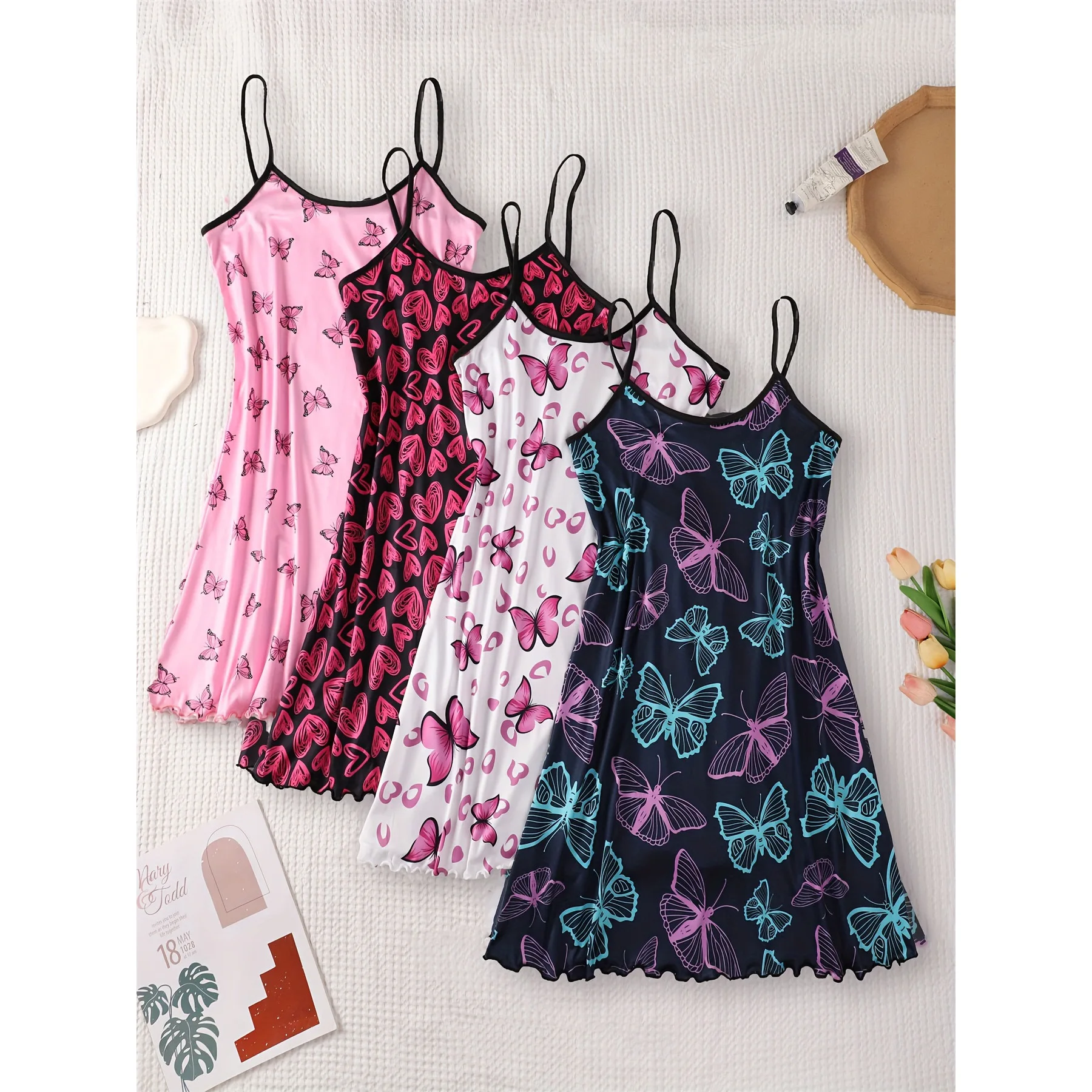 Women Sweet and Cute Butterfly Print Straps Pajama Sleepwear Loungewear Soft Cotton Homewear Summer Nightwear