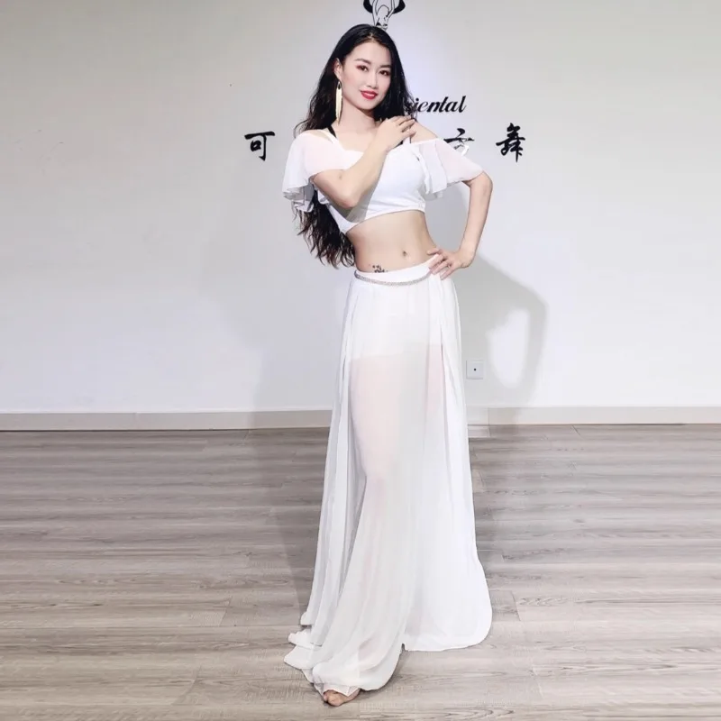 Trajes de danza del vientre personalizados, conjunto de traje de práctica, vestido de actuación con doble hendidura, nuevo traje de danza Oriental, falda con vuelo grande de gasa