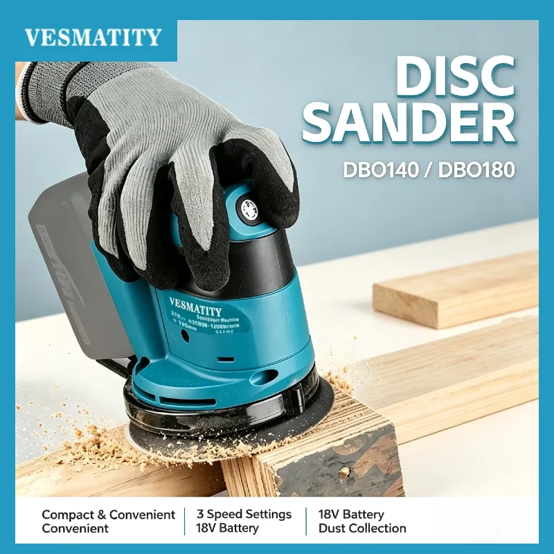 VESMATITY DBO180Z Cordless Random Orbit Sander Rechargeable Disc Sanding Woodworking Polishing Tool for 18V 20V Battery Max