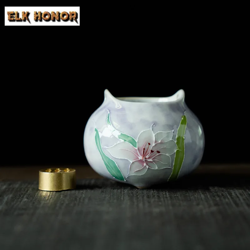 Hand-painted Lily Tripodia Incense Holder Zen Garden Incense Burners Consecrate Censer Tea Services Accessories Decoration Craft