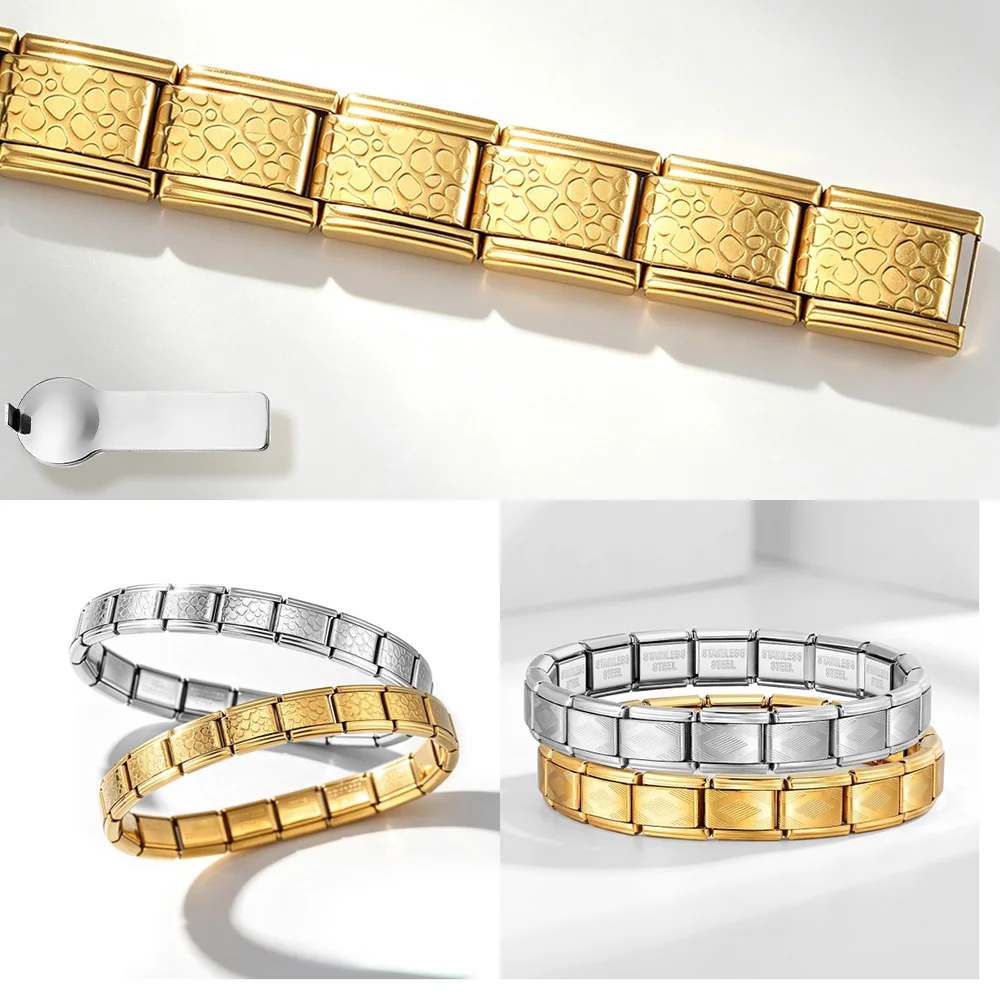 Basic Style Rhombus Leopard Texture Women Men Italian 9mm Stainless Steel Charm Jewelry Link DIY Couples' Daily Wear Bracelet