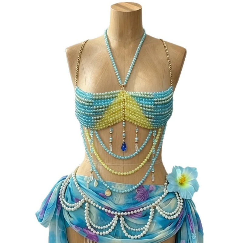 Yellow Blue Color Changing Beaded Vest Bra Chain European Hand-woven Waterdrop Statement Corset Tops Sexy Party Body Chain Tops
