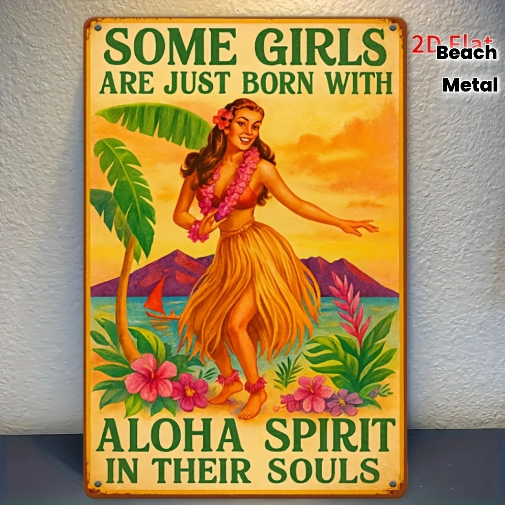 2D Platt,  Vintage Aloha Spirit/ Tennskylt för Kvinnor Hawaiiansk Tjej Grafisk  Strandälskare Present Väggkonst Nött Metallskylt