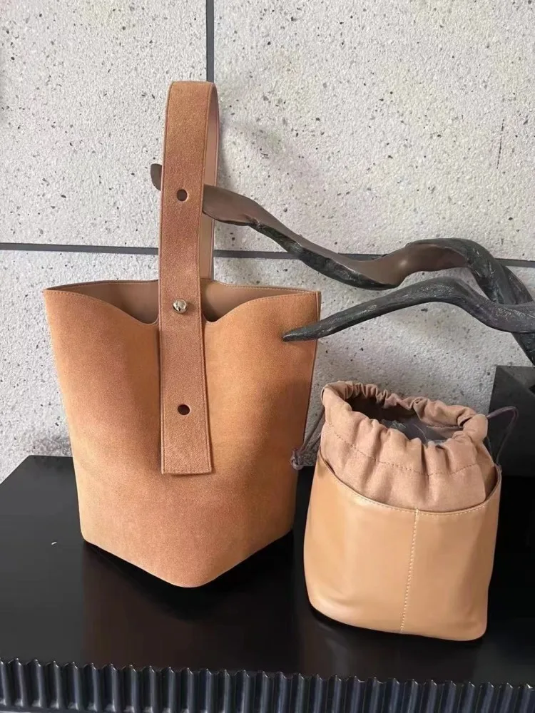 Vintage Design Genuine Leather Bucket Bag Autumn Women Suede Large Capacity Single Shoulder Bag Harajuku Casual Tote Handbag