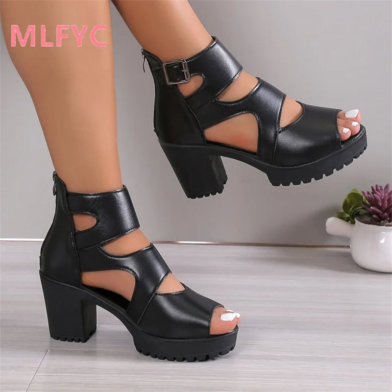 New Hollow Fish Mouth Roman Shoes Women\'s Sandals Thick Heel Thick Sole Short Boots Waterproof Platform High Heel Cool Boots