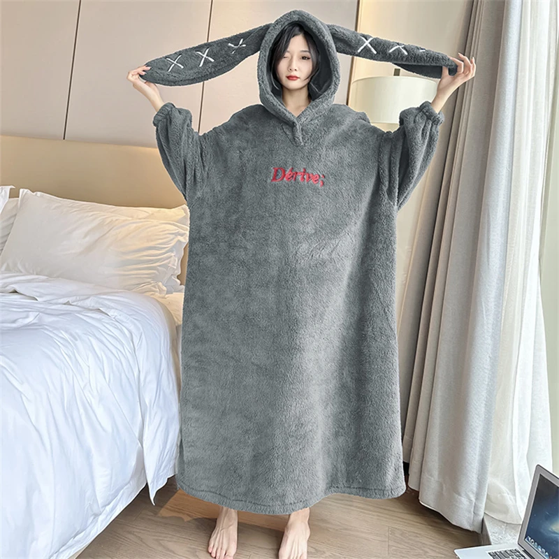 Winter New Product Increase Fat MM Pajamas Double Sided Arctic Velvet Long Nightgown Embroidered Home Fur Women's Clothing