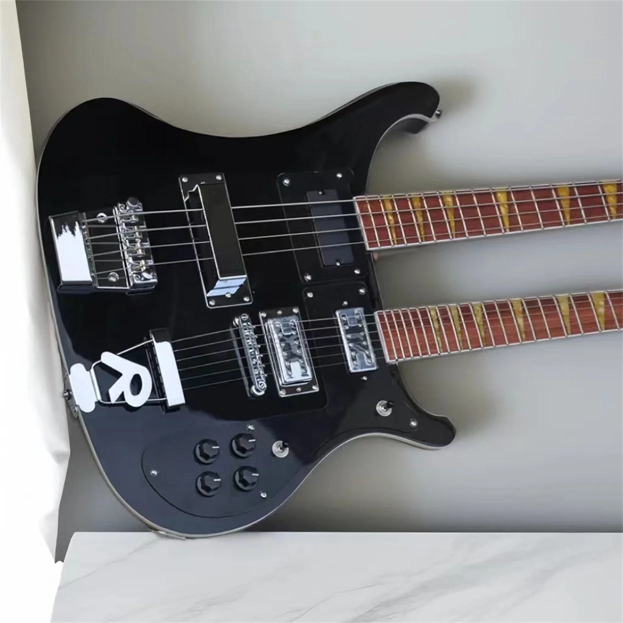 Black 4 and 6 strings double neck Ricken electric guitar with black pickguard Can be customized