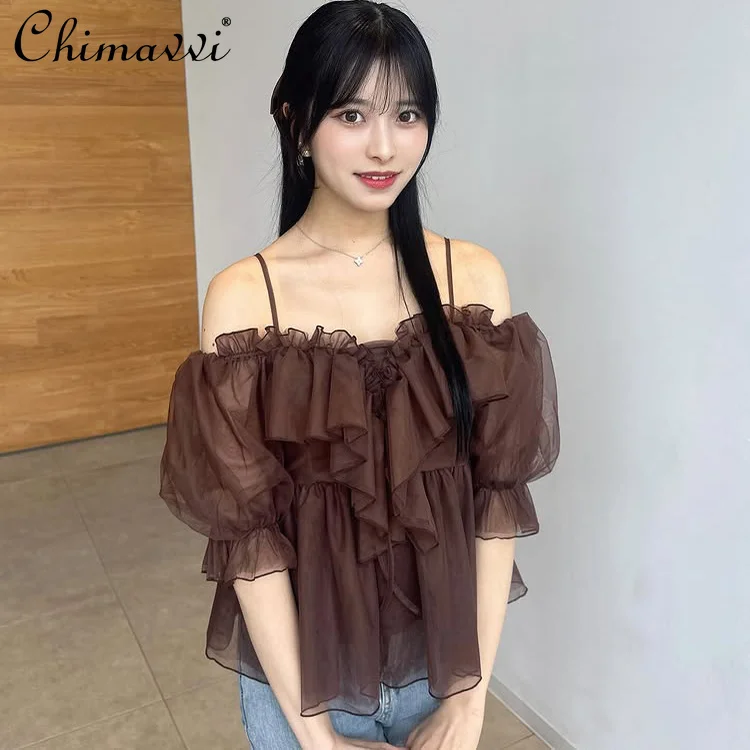 일본 스타일 체스트 3D 러플 엣지 오프숄더 랜턴 슬리브 블라우스 2025 신상 페어리 스위트 메쉬 슬림 핏 우아한 여성 블라우스