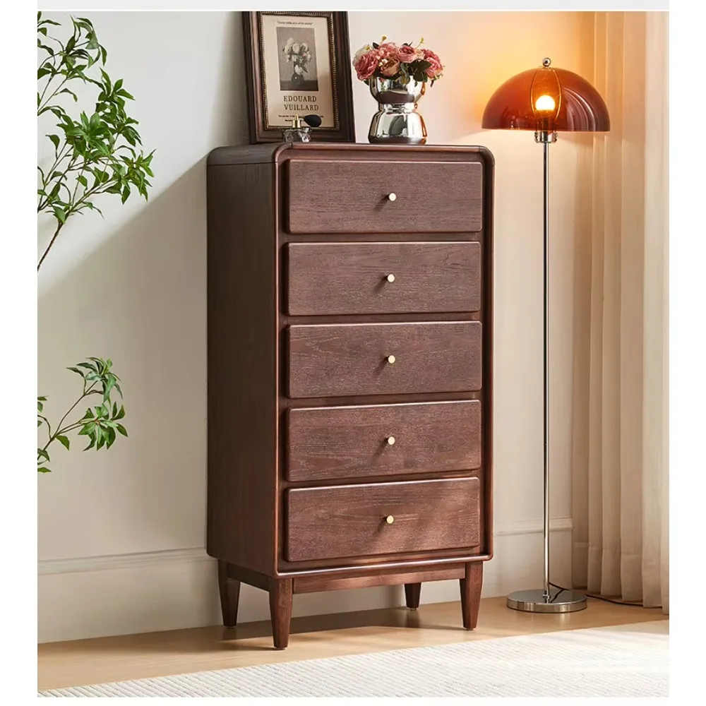 Solid Wood Handmade Five-Drawer Chest Vintage-Style Bedside Cabinet Eco-Friendly Walnut-Colored Tall Storage Living Room