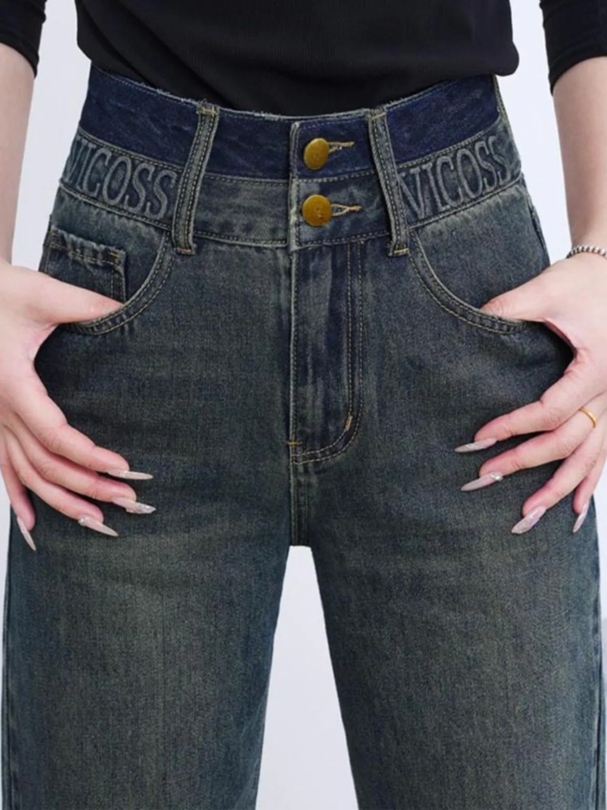 High Waist Wide Leg Jeans Women's Spring Summer New Faion Loose Slim Splicing Letter Straight Cut Jeans Cotton Polyester Blend