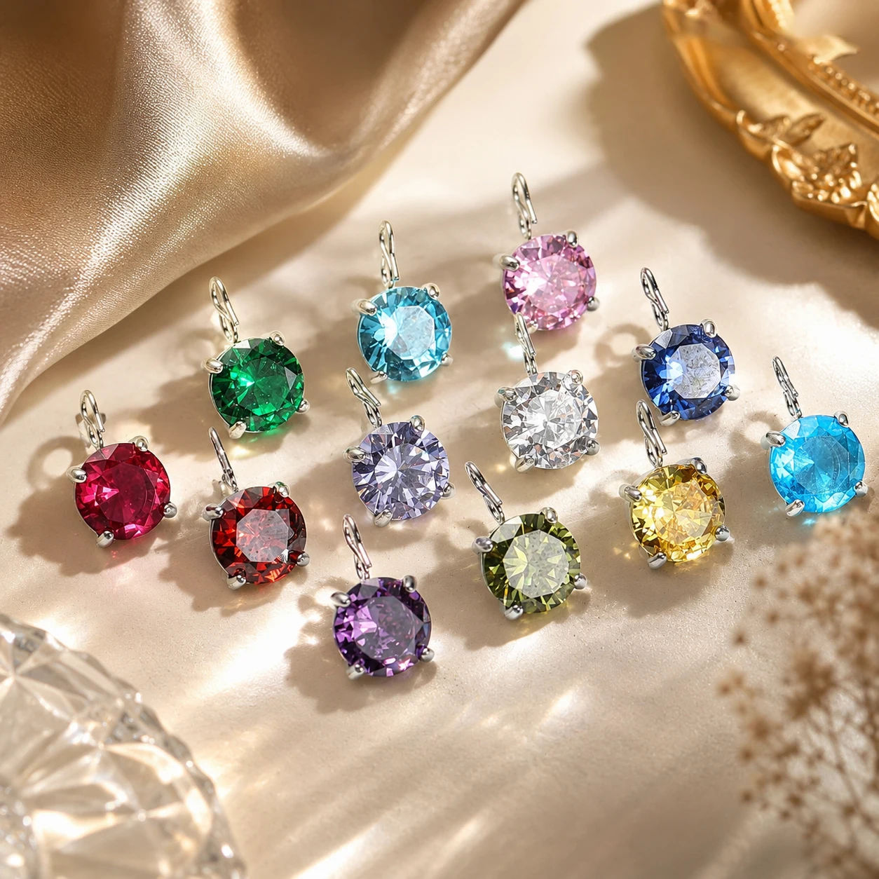 14K Gold Color 6mm Round Birthstone Charm Solitaire Cubic Zirconia Pendant DIY Necklace Earring Making Findings Jewelry Supplies