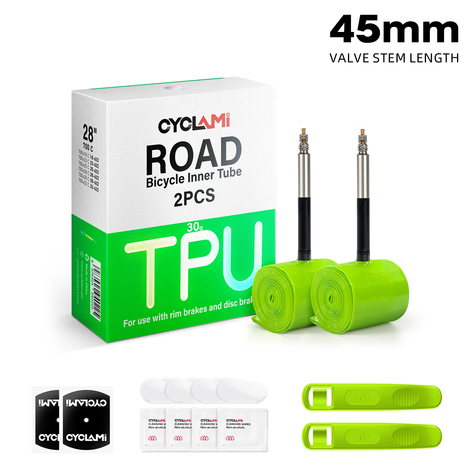 CYCLAMI Fahrradschlauch Französischer Presta FV 45 65 85 Rennrad Ultraleichter Grüner TPU-Reifen 700C 700 x 18 23 25 28 30 32C