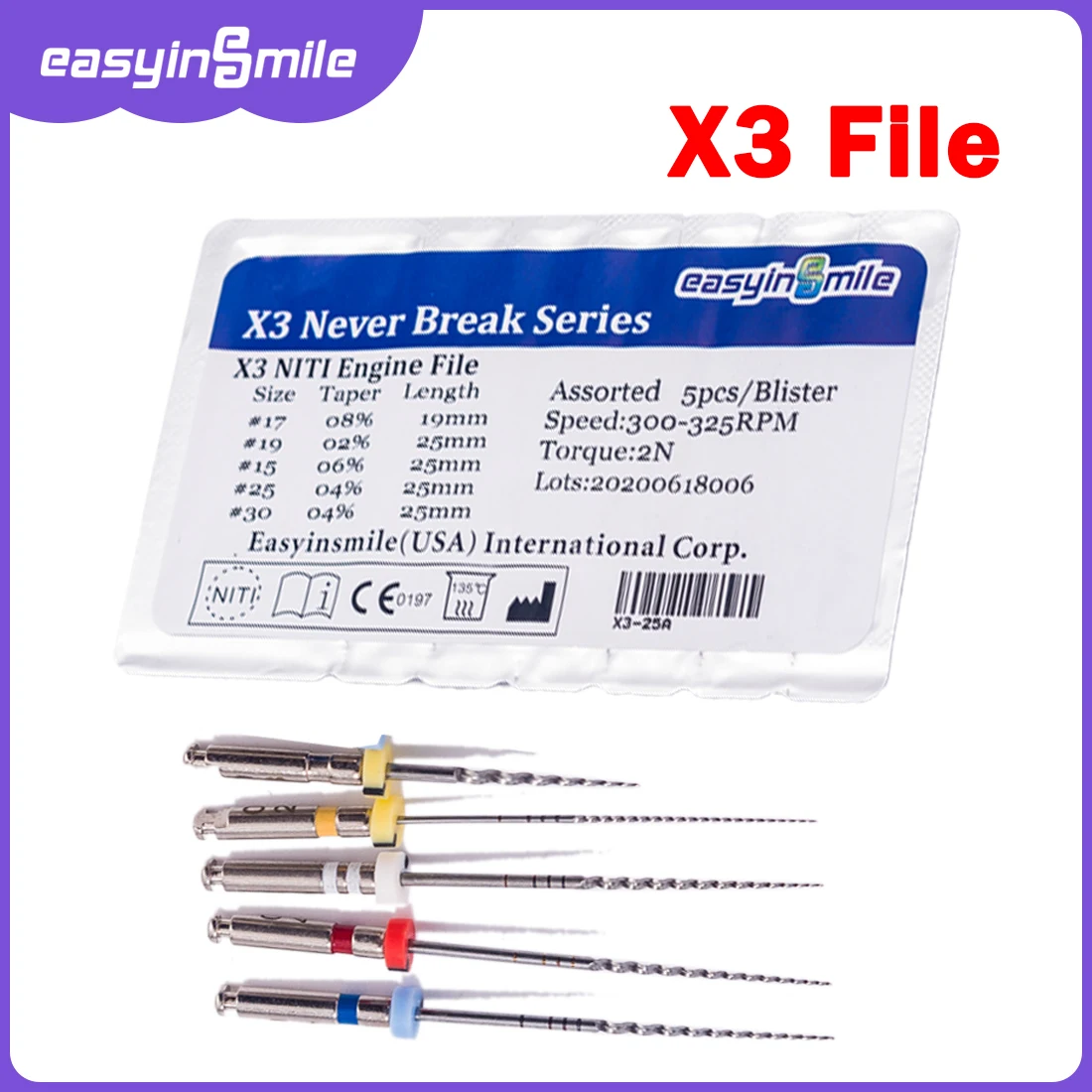 

EASYINSMILE Dental Endodontic Rotary File X3 NITI Engine Root Canal Files 21/25/31MM Never Break Series For Endo Motor 5 Files