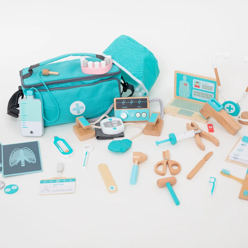 Brinquedo de madeira para crianças jogos simulação papel brinquedo fingir jogar médico brinquedo das crianças menina simulação médica brinquedos conjunto