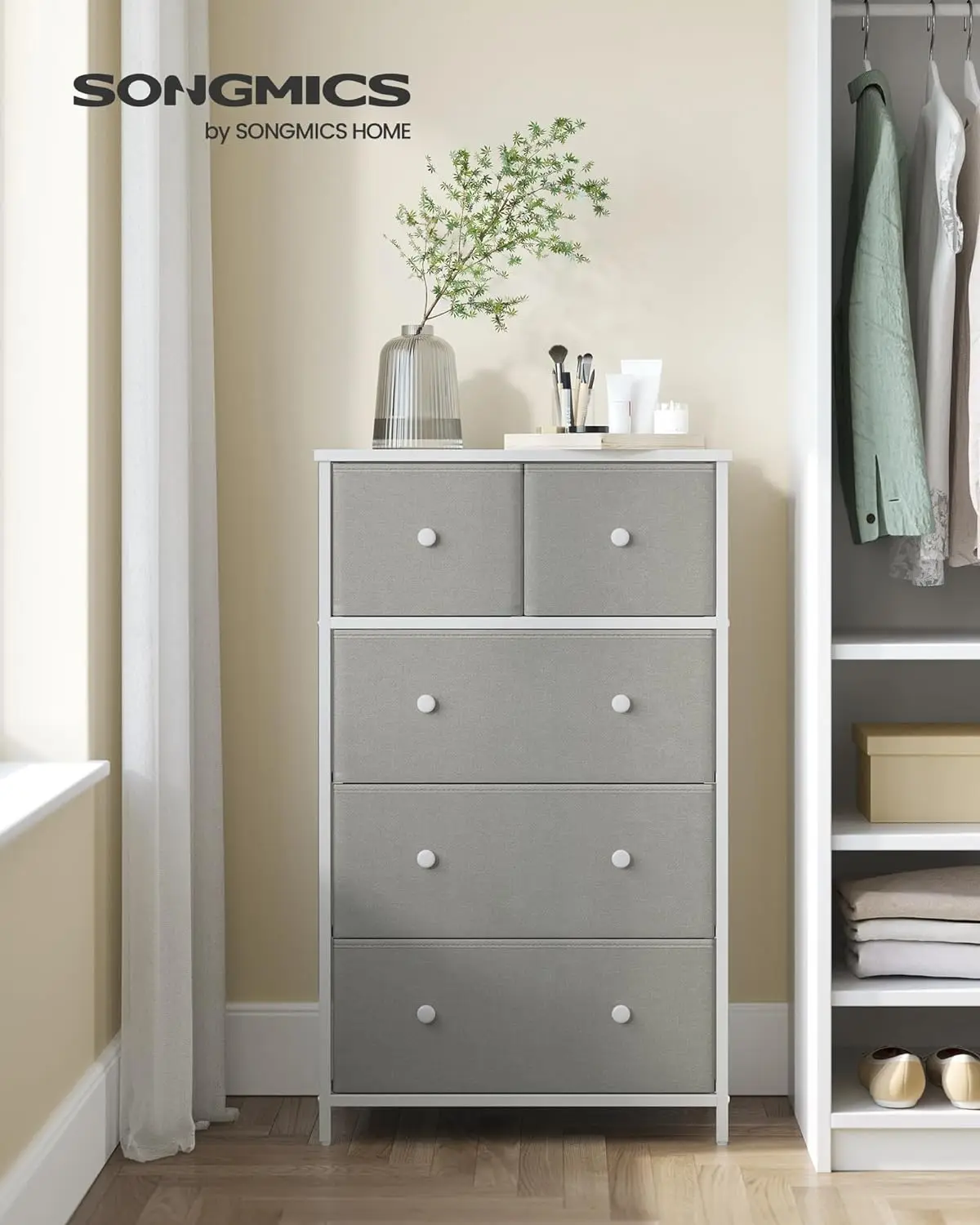 NEW Drawer Dresser, Storage Dresser Tower with 5 Fabric Drawers, Dresser Unit, Hallway, Light Gray and White ULTS514L10