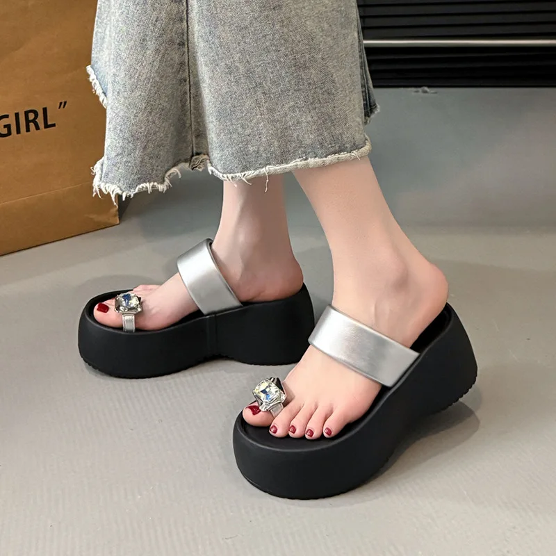 Elegant Evening Party Platform Sandals Women's Silver Metallic Flip Flops Concise Glitter Glamorous Comfort Casual Slides Shoes