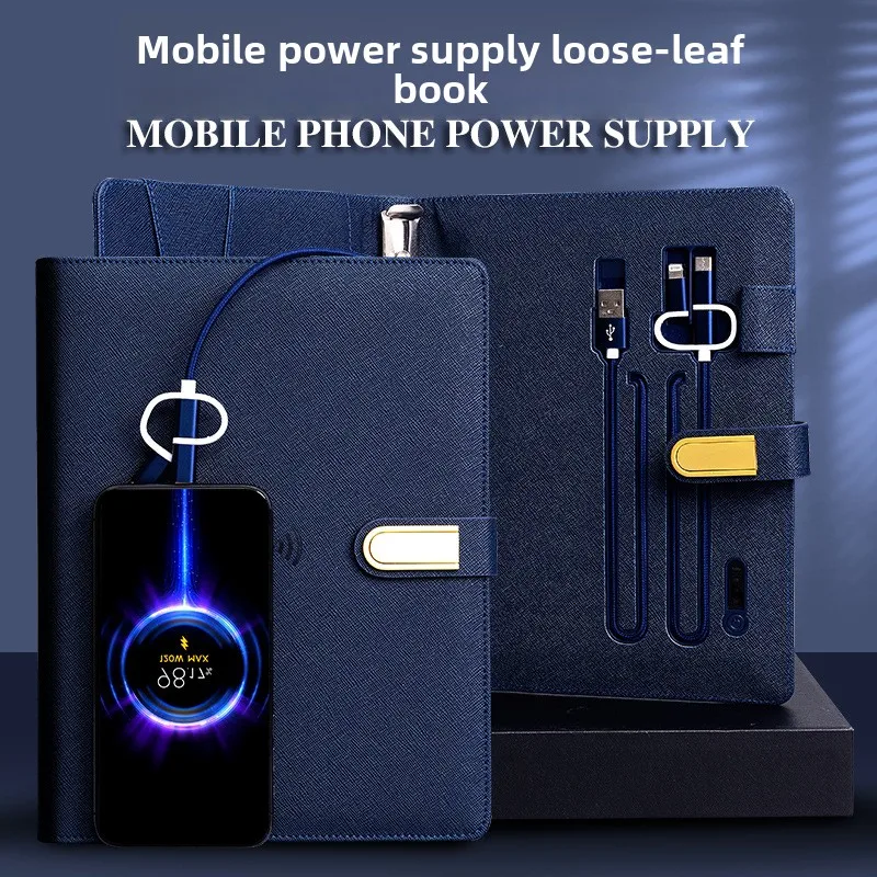 Business Loose Leaf Notebook Gift Set with 8000mAh Power Bank and 32GB USB Drive, A5 Refillable PU Leather Journal for Office